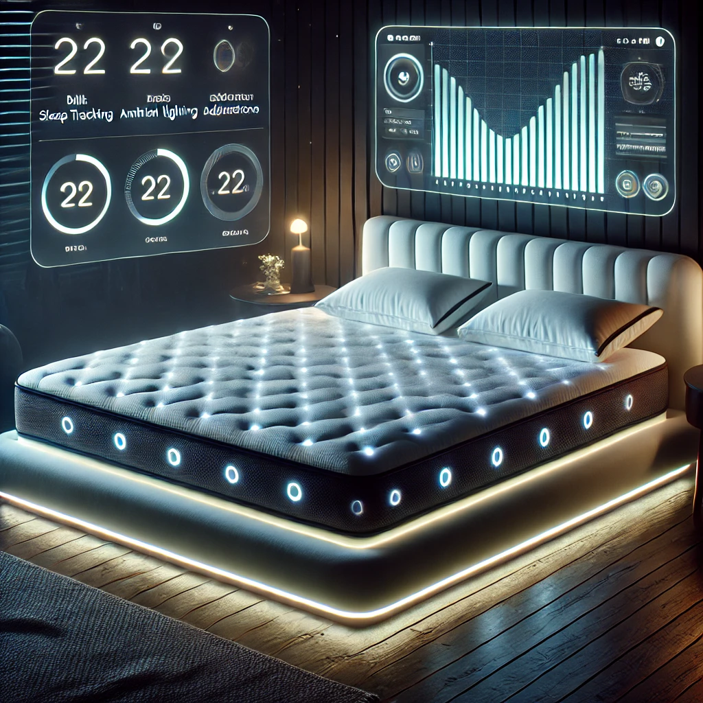 DALL·E 2025 01 30 01.49.04 A futuristic smart mattress with built in sleep tracking sensors soft ambient lighting and AI driven adjustments for optimal sleep. The mattress is 1 1