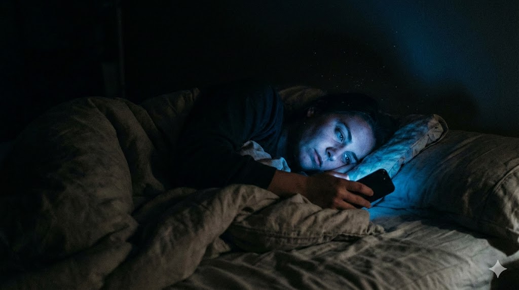 밤늦게 스마트폰을 사용하는 모습과 불면증