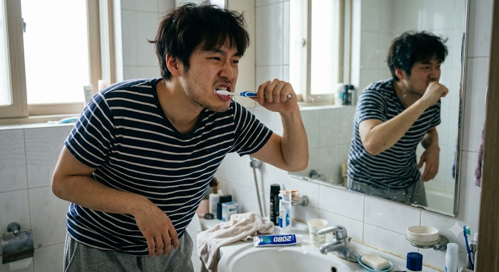 반대 손으로 양치질을 하며 뇌를 자극하는 장면